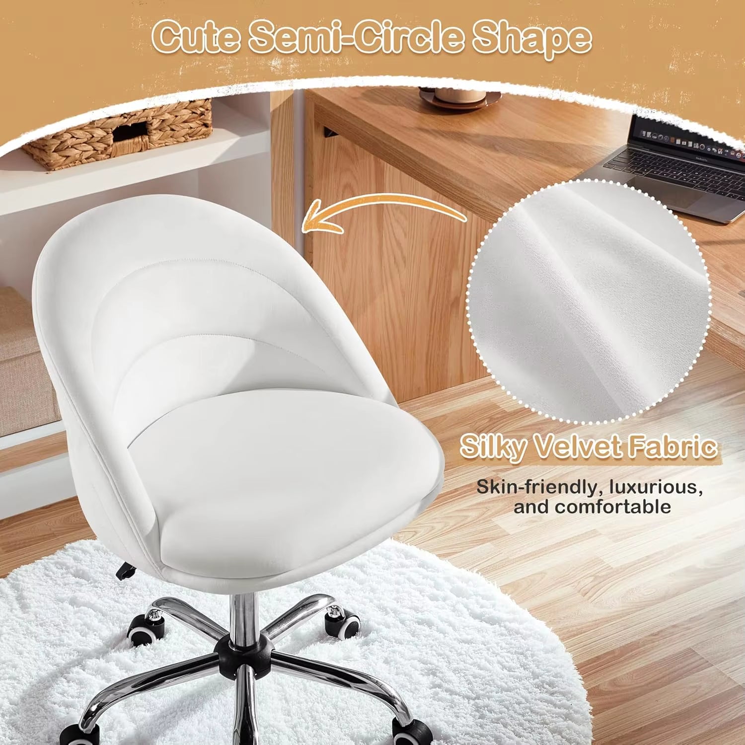 Velvet Cute Desk Chair Armless Office Chair Swivel Vanity Chair with Wheels Adjustable Comfy Desk Soft Rocking Chairte