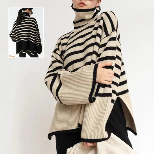 WINTER FASHION WEAR- Fashion Striped Turtleneck Sweater Casual Loose Slit Design Sweater Winter Tops Women's Clothing