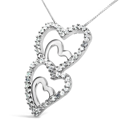 NECKLACE-.925 Sterling Silver 3/8 Cttw Round Diamond Double Heart-in-Heart Pendant 18" Necklace (I-J Color, I3 Clarity)