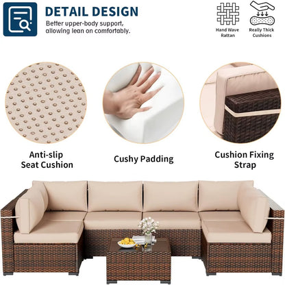 Patio Furniture Sets, Modular Rattan Outdoor Patio Sectional Furniture Sofa Set, Wicker W/Coffee Table, 7PC (Include Sofa Cover)