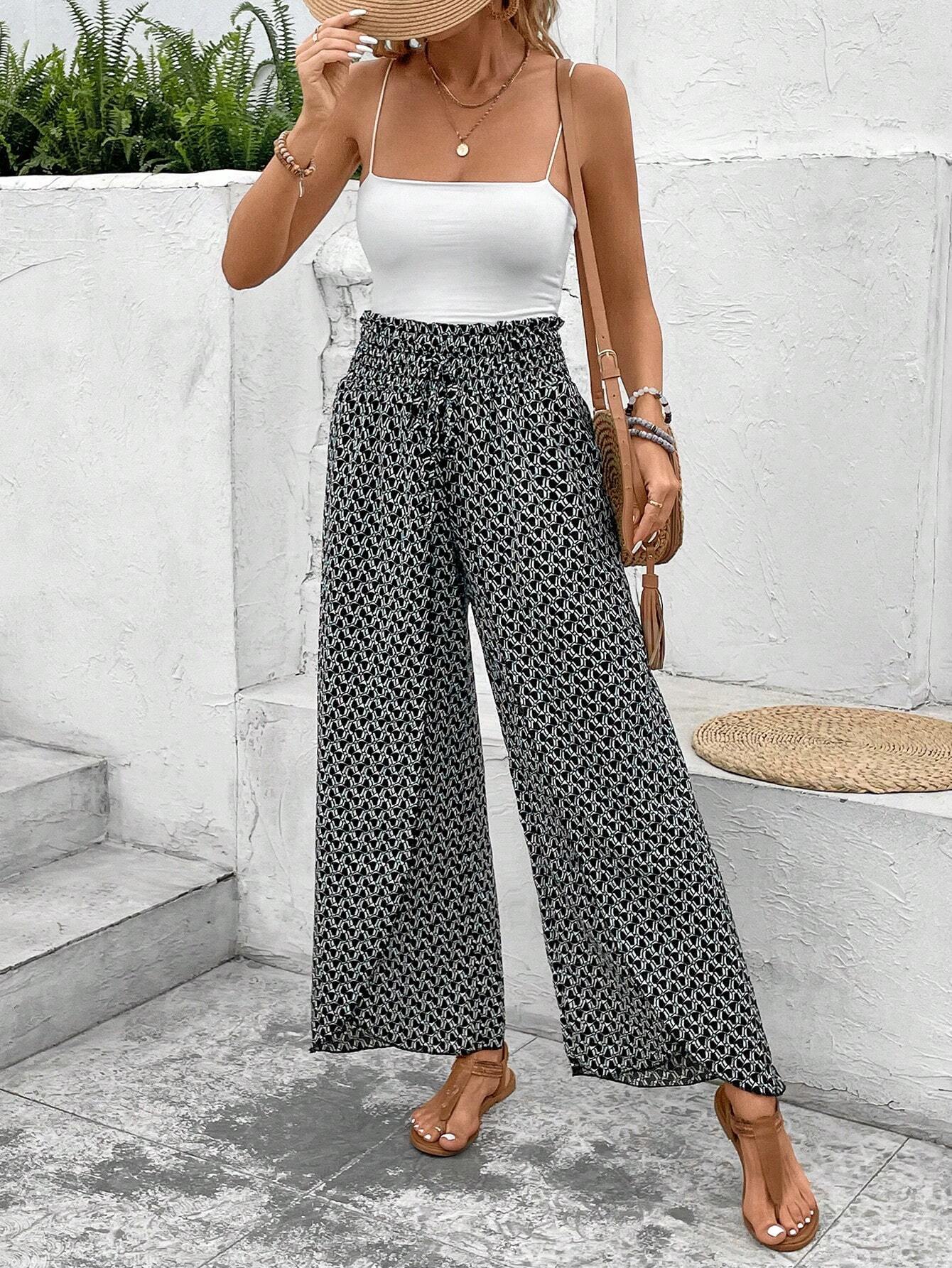 Women's Black Floral Shirred Side Slit Wide Leg Pants