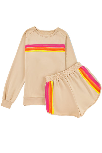 Beau Blue Colorful Striped Long Sleeve Pullover and Shorts Set