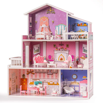 Wooden Dollhouse  Furniture Dreamhouse Girls Mansion Gift 3 Levels