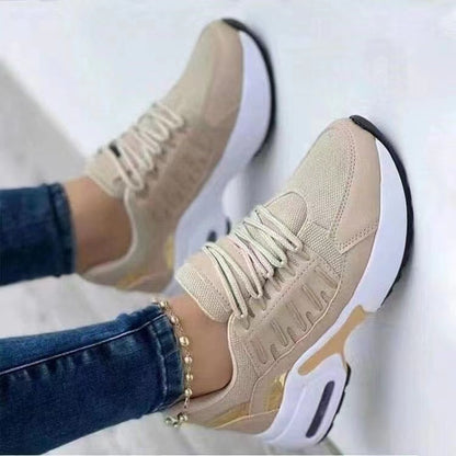 Casual sports shoes for women with flying woven wedge heels, round toe lace-up mesh breathable women's shoes