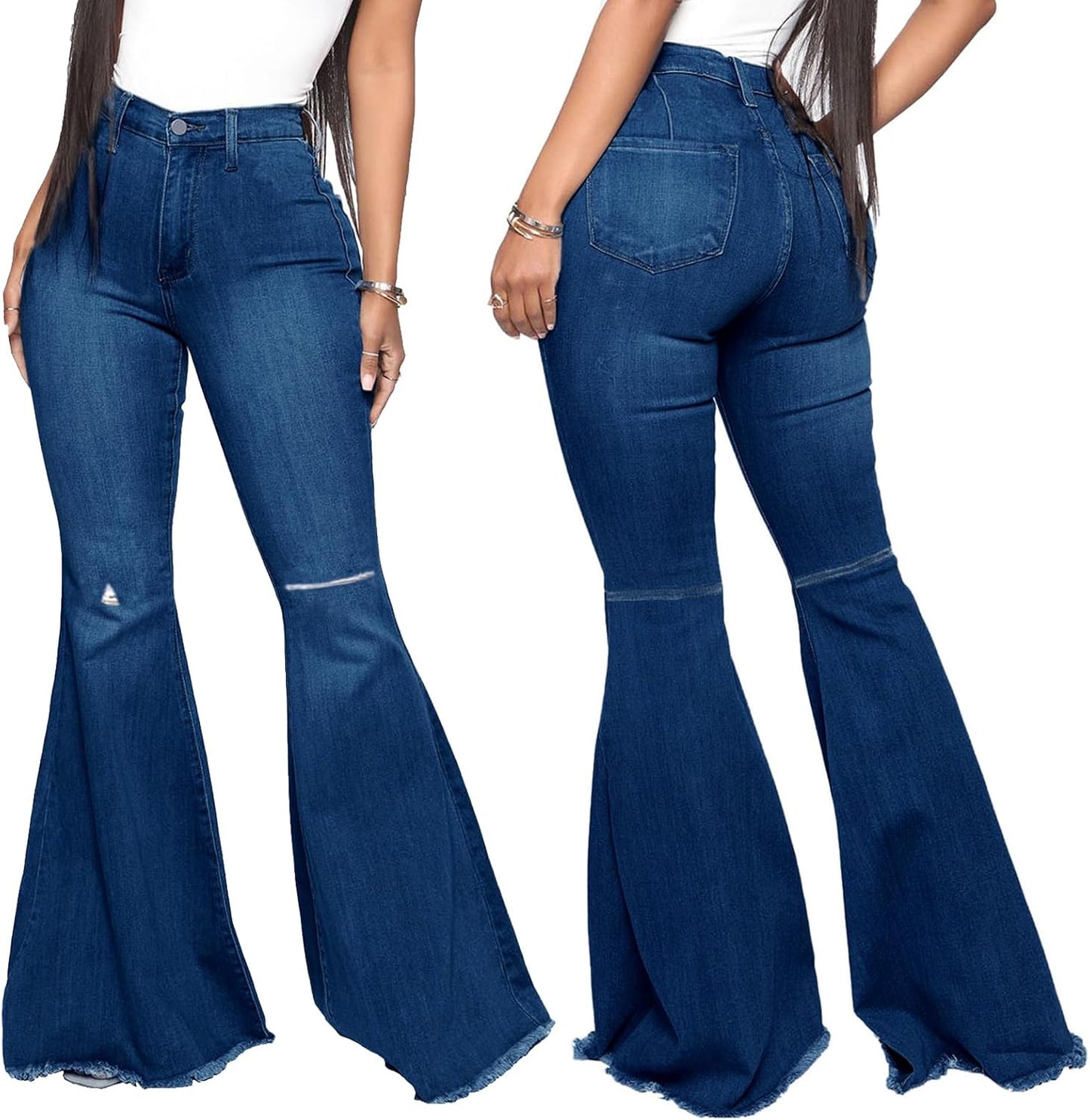 Bell Bottom Jeans for Women Vintage High Waisted Ripped Hole Raw Hem Denim Flare Jeans Pants