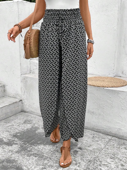 Women's Black Floral Shirred Side Slit Wide Leg Pants