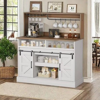 47" Farmhouse Buffet Cabinets with Sliding Barn Door, Coffee Bar with Goblet Holder & Power Outlet, Sideboard Buffet Cabinets