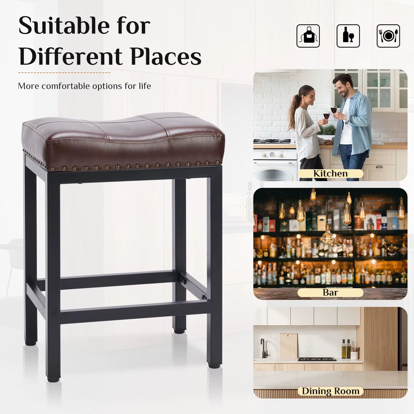 Bar Stools Saddle-Style Pu Leather Upholstered Chair Counter Height Bar Stools with Metal Base Saddle Stools for Kitchen