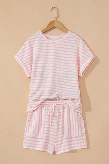 Women's Pink Striped Print Short Sleeve Top and Pocket Shorts Set