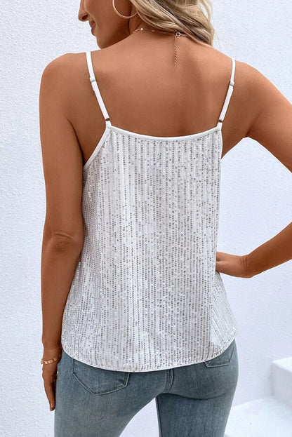 Women's White Sequin Spaghetti Strap Camisole