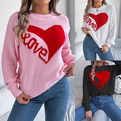 Fashion Favorite: Love Print Pullover Sweater Autumn And Winter Loose Long-sleeved Knitted Tops For Women Valentine's Day Clothing