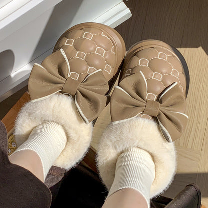 Women's Sippers Butterfly knot waterproof cotton shoes, women's bags, and winter indoor home velvet anti slip cotton slippers