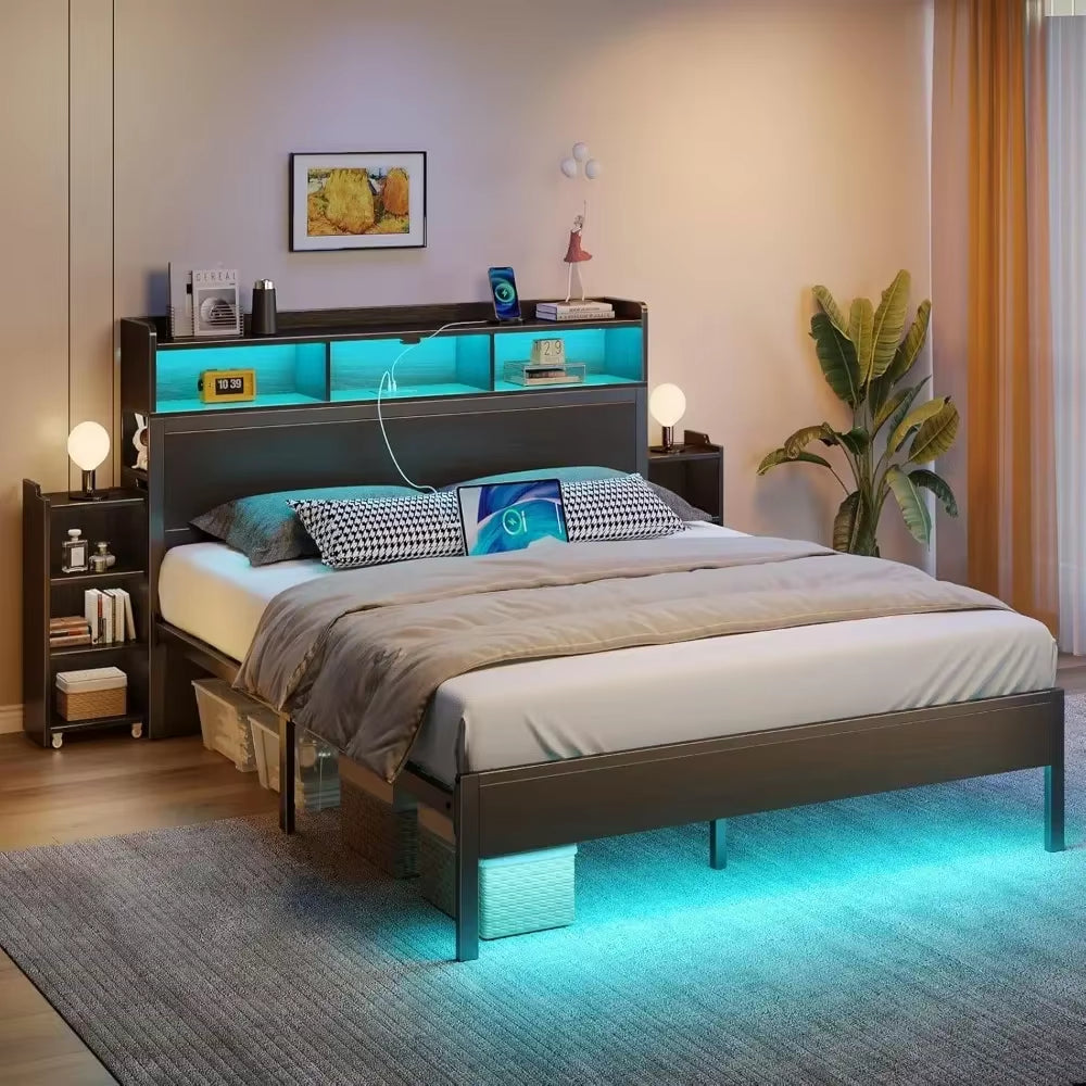 Bed Frame with Bookcase Storage Headboard, Slide Out Bedside Storage, Bed with Charging Station & LED Lights