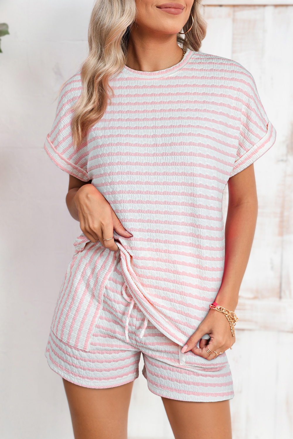 Women's Pink Striped Print Short Sleeve Top and Pocket Shorts Set