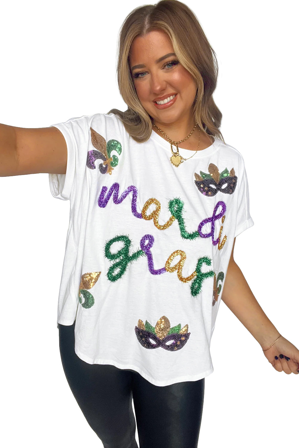 Women's White Tinsel Mardi Gras Sequin Graphic T Shirt