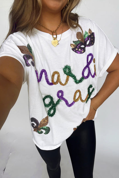 Women's White Tinsel Mardi Gras Sequin Graphic T Shirt