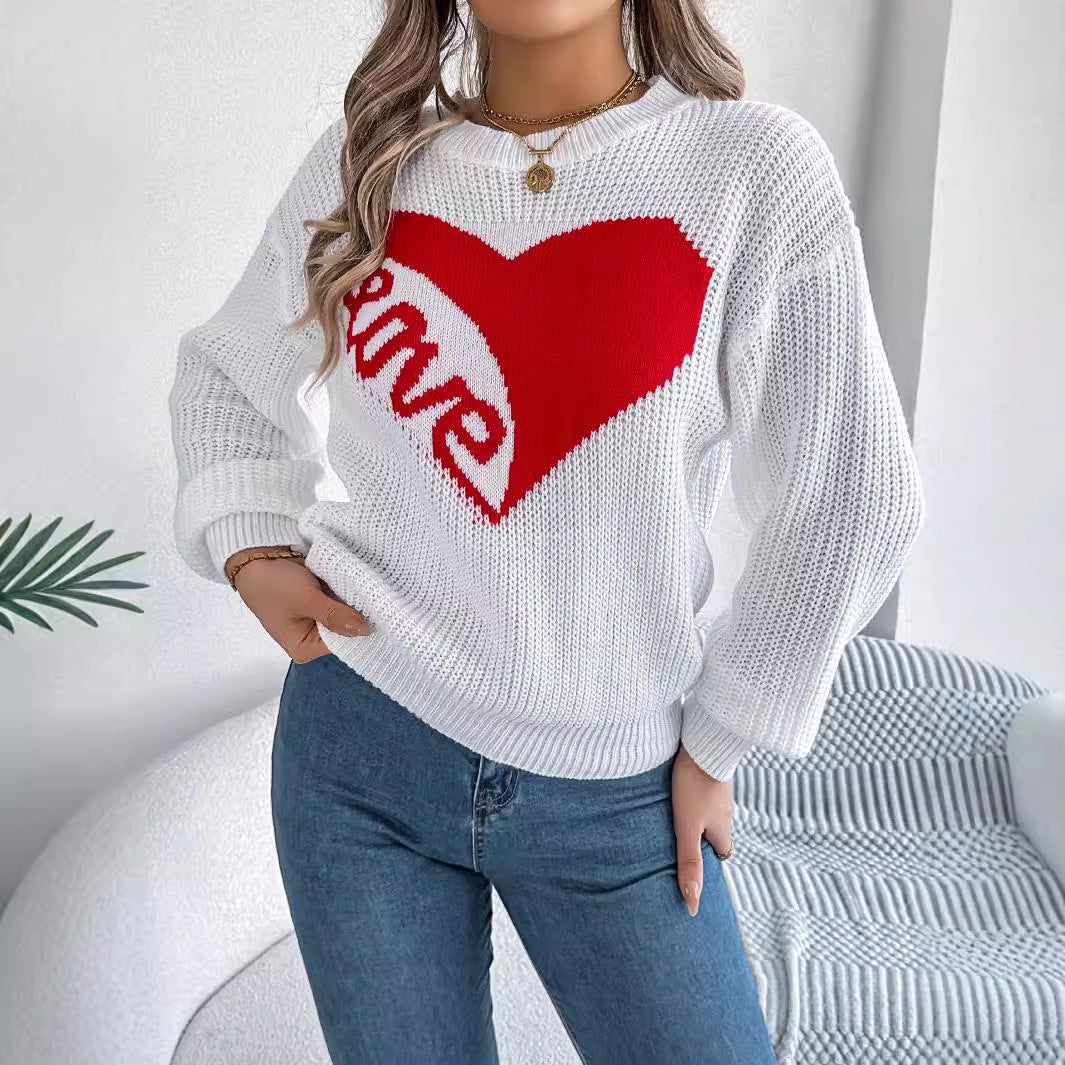 Fashion Favorite: Love Print Pullover Sweater Autumn And Winter Loose Long-sleeved Knitted Tops For Women Valentine's Day Clothing