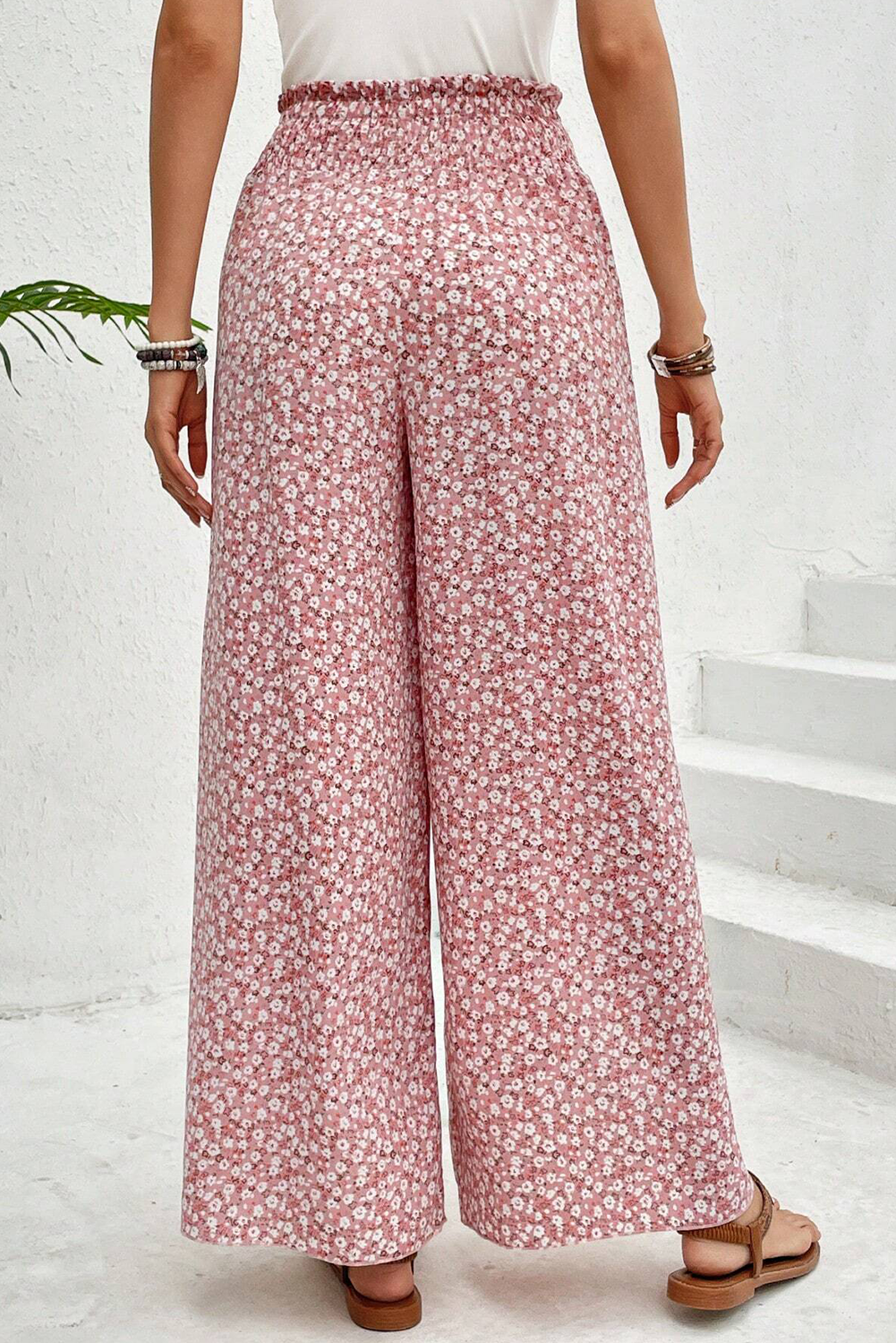 Women's Black Floral Shirred Side Slit Wide Leg Pants