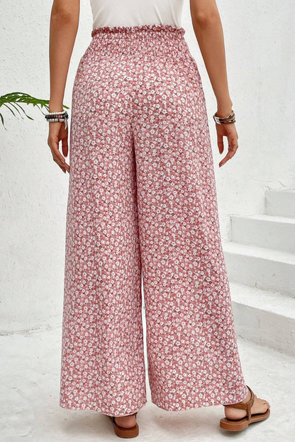 Women's Black Floral Shirred Side Slit Wide Leg Pants