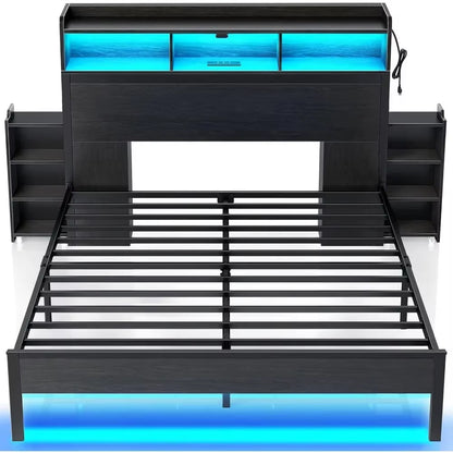 Bed Frame with Bookcase Storage Headboard, Slide Out Bedside Storage, Bed with Charging Station & LED Lights