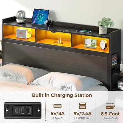 Bed Frame with Bookcase Storage Headboard, Slide Out Bedside Storage, Bed with Charging Station & LED Lights