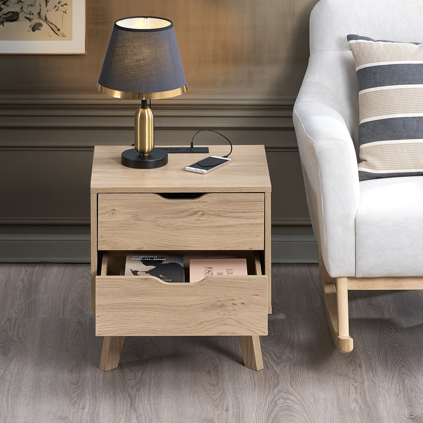 NORDICA bedside table with USB and Type-C charging station, drawer slide pre installed with natural oak wood