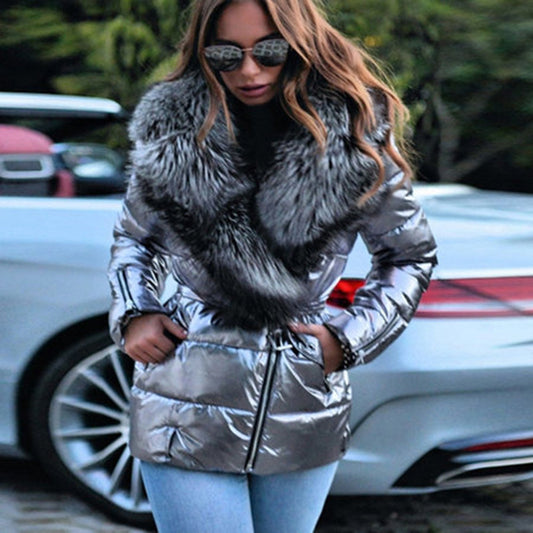 Stylish Fashion Winter Cotton Jacket With Big Fur Turndown Collar Silver Black Waterproof Lace Up Coat