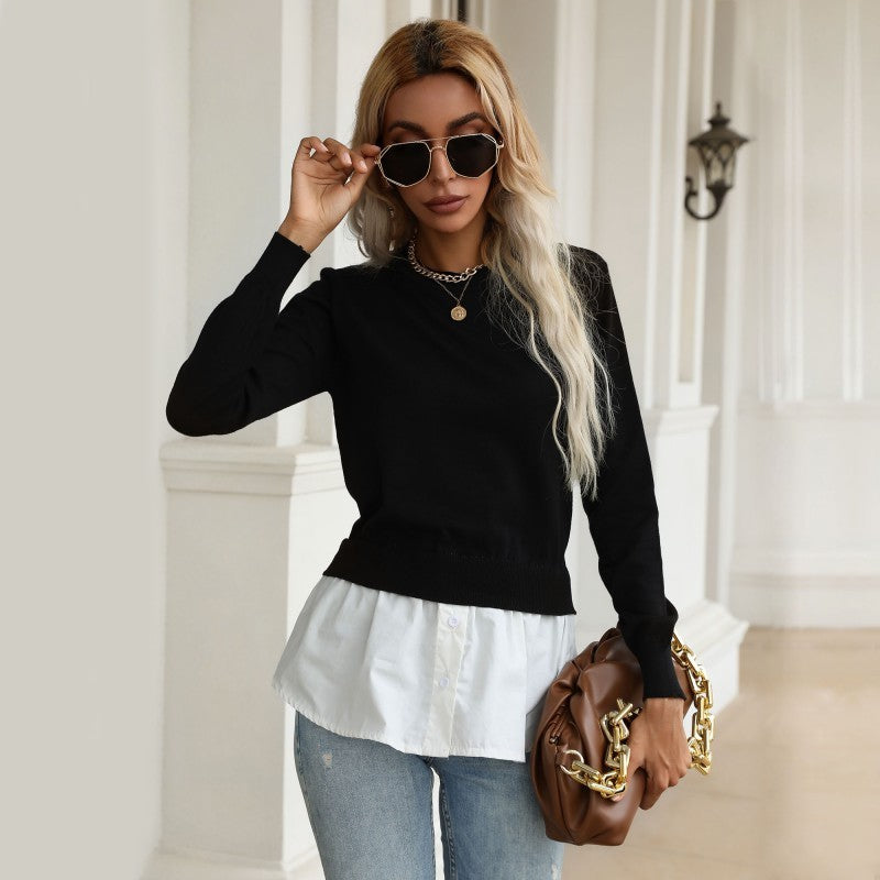 women's slim knitted stitching shirt fake two-piece sweater