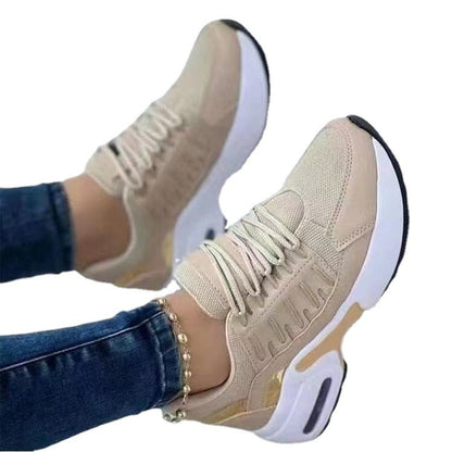 Casual sports shoes for women with flying woven wedge heels, round toe lace-up mesh breathable women's shoes