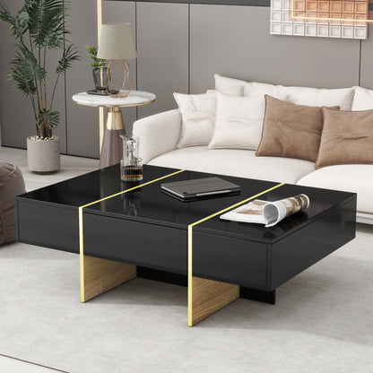 COFFEE TABLE -LIVING ROOM TABLE47.2 inch x 31.4 inch multifunctional rectangular sofa table with 2 drawers and gold wood grain leg center table, black