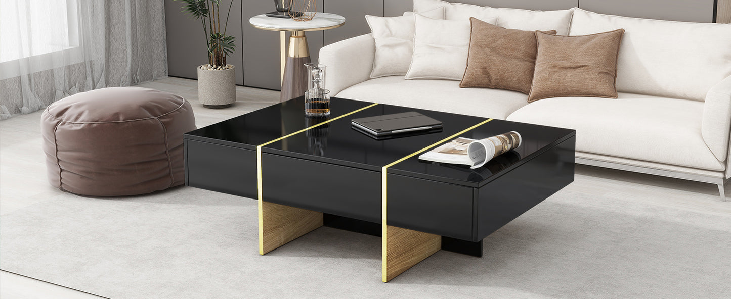 COFFEE TABLE -LIVING ROOM TABLE47.2 inch x 31.4 inch multifunctional rectangular sofa table with 2 drawers and gold wood grain leg center table, black