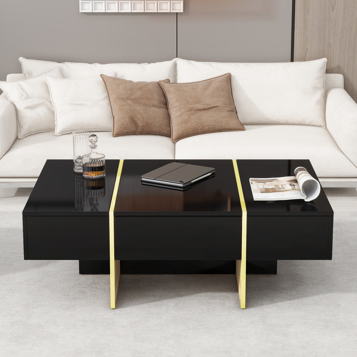 COFFEE TABLE -LIVING ROOM TABLE47.2 inch x 31.4 inch multifunctional rectangular sofa table with 2 drawers and gold wood grain leg center table, black