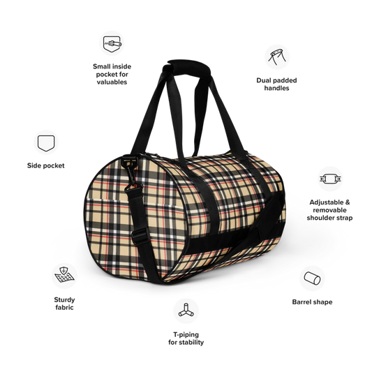 Brown Tan Plaid Design Gym Bag - Travel Bag