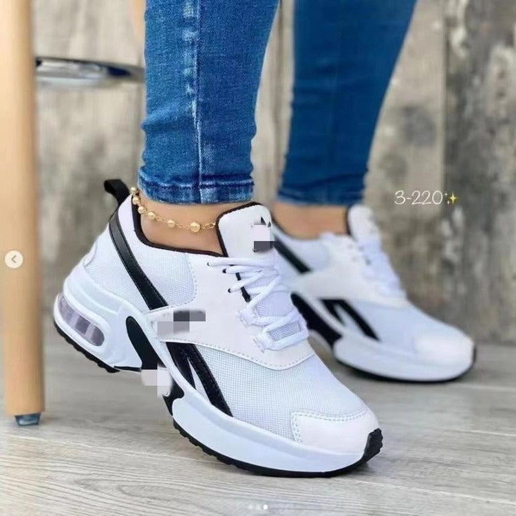 Fashionable low cut dad shoes with round toe, middle heel, lace up mesh, casual sports shoes for women