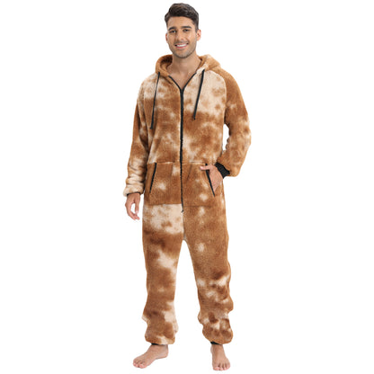 Men's hooded thick double-sided velvet camouflage jumpsuit home clothes pajamas