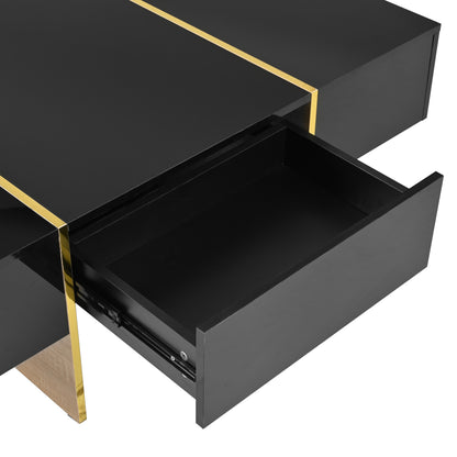 COFFEE TABLE -LIVING ROOM TABLE47.2 inch x 31.4 inch multifunctional rectangular sofa table with 2 drawers and gold wood grain leg center table, black