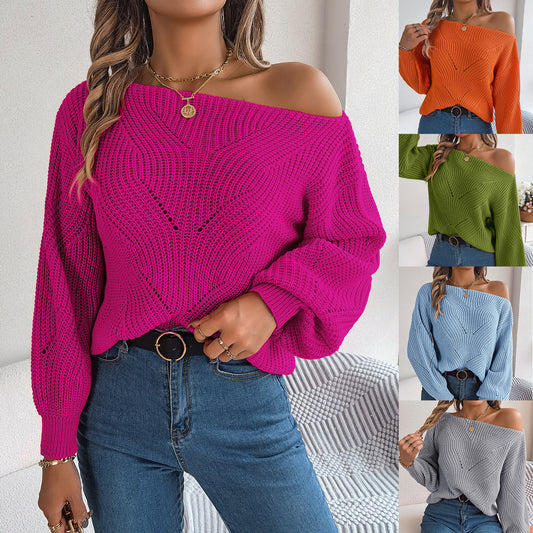 2024 Autumn and Winter Casual Hollow Off-shoulder Lantern Sleeve Sweater