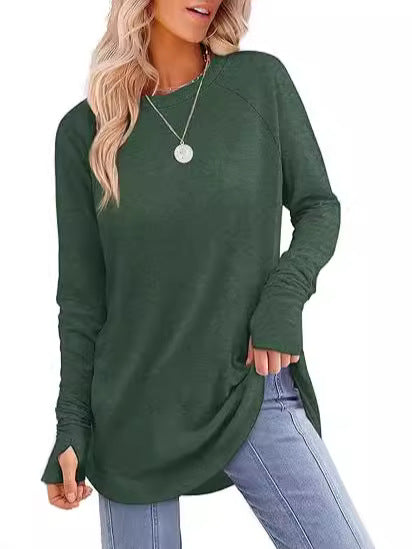 European and American women's round neck solid color long sleeve top