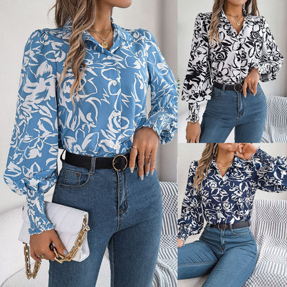 Contrast floral balloon sleeve lapel shirt