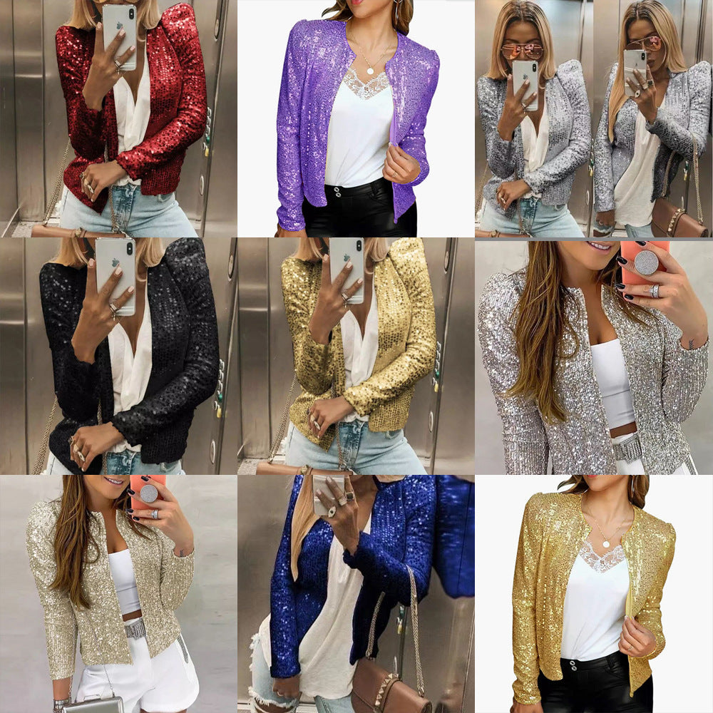 New European and American women's fashion stand collar color matching sequined jacket short style casual