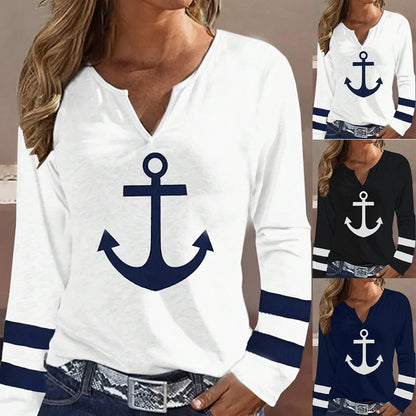 Women's Long Sleeve V-Neck Anchor Print T-Shirt Top