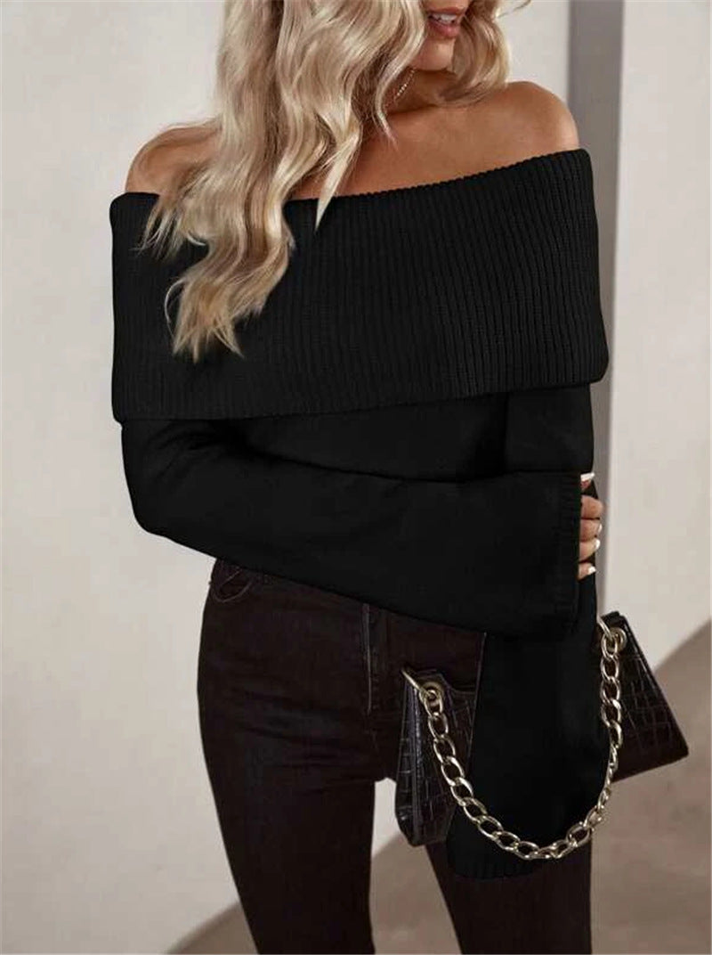 One-Shoulder Slim fit fashionable sexy knitted long-sleeved women's sweater