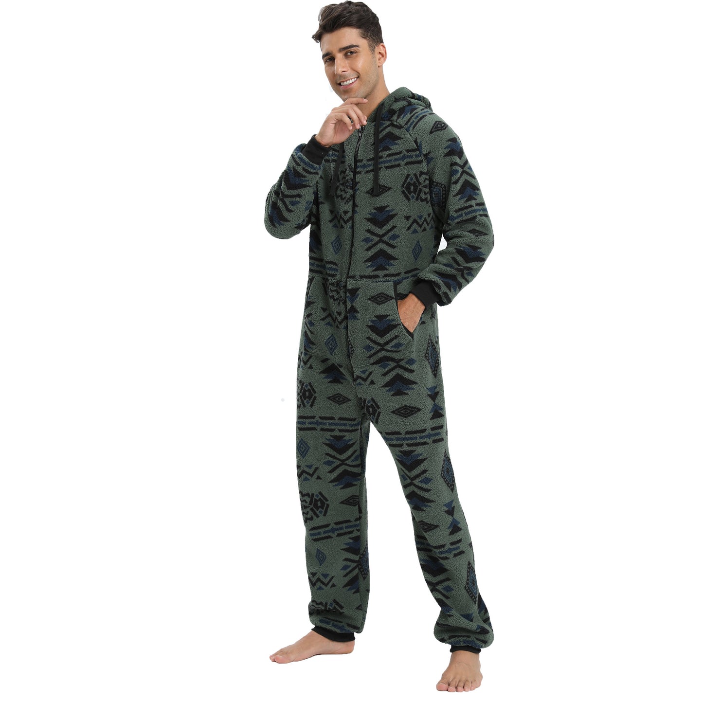 Men's hooded thick double-sided velvet camouflage jumpsuit home clothes pajamas