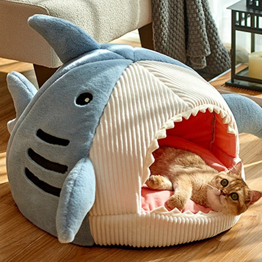 PET BED Autumn and Winter Warm Internet Celebrity Big Mouth Shark Pet Nest Semi Closed Cat Nest Dog Nest with Mat Deep Sleep Pet Supplies