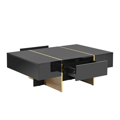 COFFEE TABLE -LIVING ROOM TABLE47.2 inch x 31.4 inch multifunctional rectangular sofa table with 2 drawers and gold wood grain leg center table, black