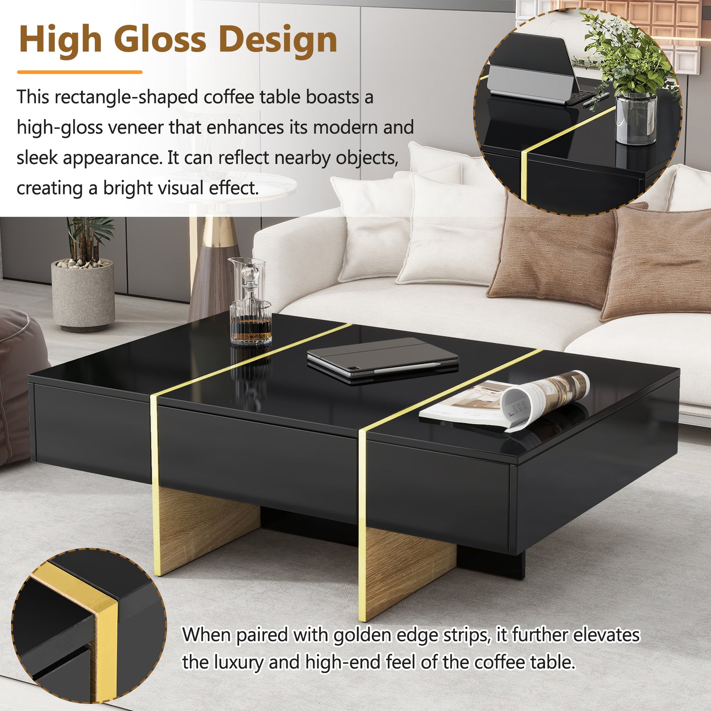 COFFEE TABLE -LIVING ROOM TABLE47.2 inch x 31.4 inch multifunctional rectangular sofa table with 2 drawers and gold wood grain leg center table, black