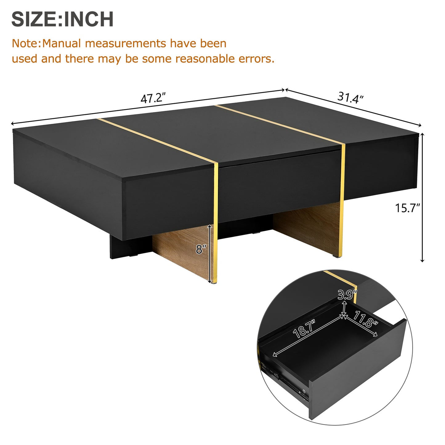 COFFEE TABLE -LIVING ROOM TABLE47.2 inch x 31.4 inch multifunctional rectangular sofa table with 2 drawers and gold wood grain leg center table, black