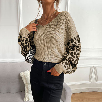 Women's thin round neck knitting pullover leopard print splicing sweater for women