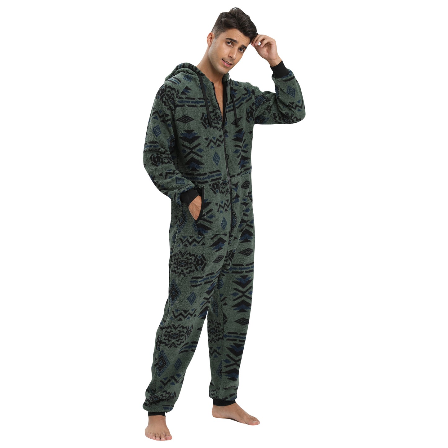 Men's hooded thick double-sided velvet camouflage jumpsuit home clothes pajamas