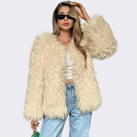 Women's Faux Fur street elegant faux fur warm jacket with round neck and long sleeves